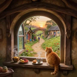 the view from inside a hobbit hole looking out a window into a busy hobbit path, by alan lee, sunset, a fat orange cat is on a path outside, windowsill loaded with steaming food and teacups, window glass reflecting, intricate, highly detailed terrain, digital painting, artstation, concept art, smooth, sharp focus, illustration, vfx