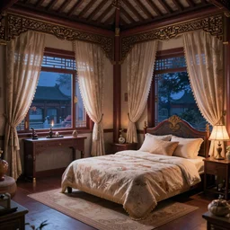 a cozy bedroom in chinese palace at night, secret of mana, intricate, highly detailed, delicate, confortable room, by brian froud, thomas kinkade, artemisia gentileschi.