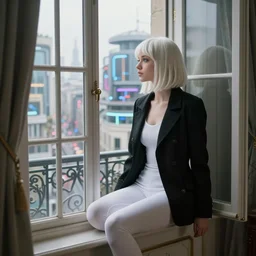 19-year-old Aristocratic platinum-blonde-haired hime-cut blue-eyed French empress wearing white leggings and black jacket, looking out open window, sitting in French apartment, communist city, futuristic city, cyberpunk city,