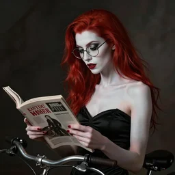 a vampire woman, skinny, pale skin, with red hair and glasses reading a magazine about bicycles.