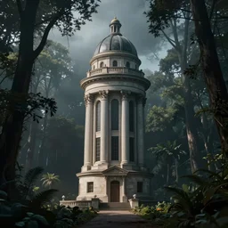a neoclassical tower with dome on a magical gloomy mystical forest. by frank lloyd wright, wlop, futuristic