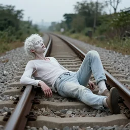 pale man with glassing relaxing on train tracks