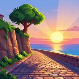 a lonely cobblestone street with a tree on a cliff over the sea at sunset, brightly illuminated by rays of sun, artstation, colorful pixel art, low camera angle