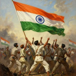 a cinematic dramatic scene of indian freedom fighters hoisting a colossal indian flag. oil on canvas, by carl gustav carus, by noriyoshi ohrai, by greg rutkowski, call of duty, unreal engine 5, trending on artstation, featured on pixiv, masterpiece, cinematic composition, brilliant lighting, highly detailed, hd, 8 k