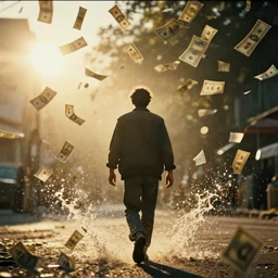 a 3 5 mm photo from the back of a man walking through dollar bills flying through the air, splash art, movie still, bokeh, canon 5 0 mm, cinematic lighting, dramatic, film, photography, golden hour, depth of field, award - winning, anamorphic lens flare, 8 k, hyper detailed, 3 5 mm film grain