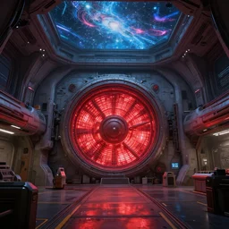 very wide cinematic shot inside a scifi spaceship, reactor core glowing red, cathedral ceiling with holographic sky art ceiling, detailed archviz render, archdaily, scifi artstation concept, comfy lighting, star citizen, fine details, unreal engine, hyperrealism, realistic shading, blender render