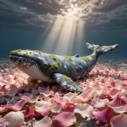 flower petal ocean with stone whales coated in moss
