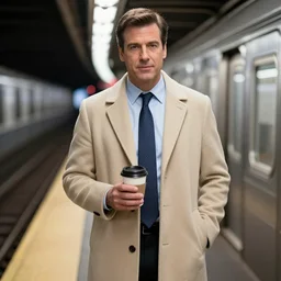 andy richter is standing on a subway platform wearing a beige overcoat and necktie, holding a cup of coffee