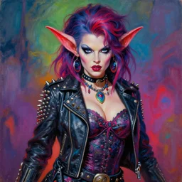 portrait of an apocalyptic demonic goblin witch curvy woman biker babe character, cool pose, psychedelic vibrant colors, futuristic punk rock fashion, oil painting by michael whelan art, sharp focus, realistic, detailed eyes, 8 0 s hairstyle, studded leather jacket, 8 k