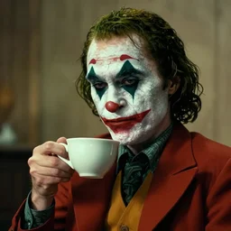 portrait of unseen lovecraftian golden ratio horror joker having his / her cup of tea, defined neck and face, art by salvador dali joaquim phoenix and best artist in the year 3 0 0 0, post - processing, 8 k, museum worth