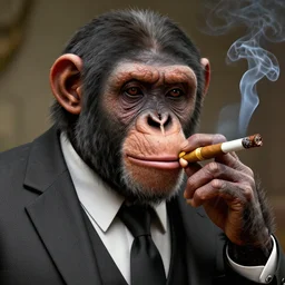 a high detail closeup shot of a  chimp wearing a suit 👔,and smoking a cigarrette🚬, cgcosiety, artstation, unreal engine, realism