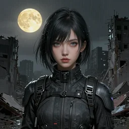 A portrait of a gray eye girl, ruins of a destroyed city and a yellow-red full moon on background, techwear, dark, rainy atmosphere, natural volumetric light, intricate, highly detailed, digital painting, concept art, sharp focus, illustration, art by greg rutkowski, matte painting, trending on artstation