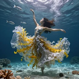 woman dancing underwater wearing a long flowing dress made of many translucent layers of silver and gold lace seaweed, bolts of bright yellow fish, delicate coral sea bottom, swirling silver fish, swirling smoke shapes, unreal engine, caustics lighting from above, cinematic, hyperdetailed