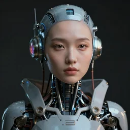 beautiful Fine art photography portrait of a solarpunk half robot half human girl with real skin human face, highly detailed, photorealism, cinematic lighting 8k