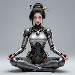 cyberpunk geisha in a lotus position, wearing mechanical clothes and tattoos, 8 k, by tristan eaton, stanley artgermm, tom bagshaw, greg rutkowski, carne griffiths, ayami kojima, beksinski, giger, trending on deviantart, hyper detailed, cybernetic, full of colour, brain