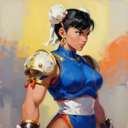 greg manchess portrait painting of partially armored chun li from street fighter as overwatch character, medium shot, asymmetrical, profile picture, organic painting, sunny day, matte painting, bold shapes, hard edges, street art, trending on artstation, by huang guangjian and gil elvgren and gerald brom