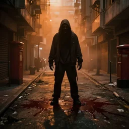 dirty, dark, streets of Hong kong, a creepy orange mist through the streets, blood puddles on the floor, debris on the floor, cinematic lighting, a scary monster looking at the camera, postal 1 loading screens style-W 704