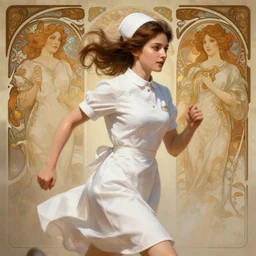 Epic portrait, An female nurse in a white dress running away from an explosion, brown hair flow, glossy skin, beauty, pretty, digital painting, artstation, concept art, soft light, hdri, smooth, sharp focus, illustration, fantasy, intricate, elegant, highly detailed, D&D, matte painting, in the style of Greg Rutkowski and Alphonse Mucha and artemisia, 8k, highly detailed, jurgens, rutkowski, bouguereau, pastoral, rustic, georgic