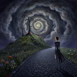 anton fadeev illustration, dark tones, curled perspective digital art of spiral clouds cobblestone street with wildflowers top of a hill with curly palmtrees from nightmare before christmas. horton hears a who!, artstation