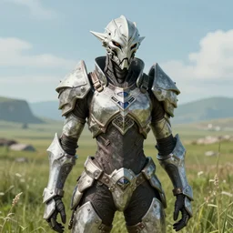 headshot character portrait of a warframe!! in the style of final fantasy xiv!!!, wide angle shot, warframe, final fantasy, final fantasy 1 4, final fantasy xiv, realistic shading, realistic lighting, very well detailed, segmented organic armor, standing in a grassy field
