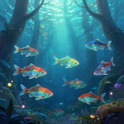 school of fish swimming in the magical forest under the water , dreamy, magical effect, glowing effect, devianart, artstation, hyperreal, hyperdetailed, illustration