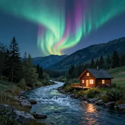 a river running past a cozy cabin in mountain side, night, rainbow aurora, classic painting, award winning, highly detailed