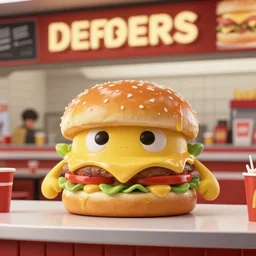 the disdainful cheeseburger creature at the fast food place, film still from the movie directed by denis villeneuve and david cronenberg with art direction by salvador dali and zdzisław beksinski, wide lens