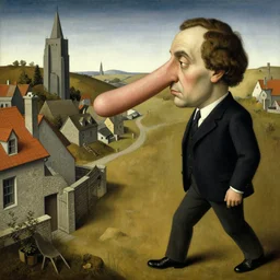 Man with a gigantic nose banished from the village, by Grant Wood, Brian Despain, surrealism, figurativism, Giorgio de Chirico, brutalism, artstation