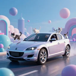 Mazda RX-8 driving in a vaporwave landscape. Cats are flying out of the car windows. Digital render. 3DSMAX, Cinema 4D. Unreal engine.