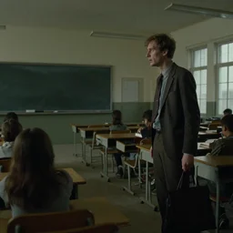 dystopian desolate school scene with a zombie teacher, carel willink, edward hopper, film still