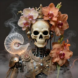 3 d close - up portrait of the retro futuristic robot in vintage death beath mask in madmax style clothes and crown overgrown with orchid flowers and giant gladiola flowers, intricate, elegant, surrounded by smoke and burning. translucent nautilus, highly detailed, by wlop, tooth wu, greg rutkowski, alena aenami