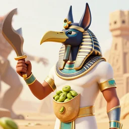 the egyptian god horus with an adamantium beak and a pocket full of senzu beans, impressive 3 d octane render, battle monster