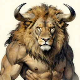a mighty strong creature hybrid with the body and eyes of a man, with lion's head, hair - eagle feathers, and the horns of an ox. drawn by boris valejo
