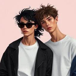 portrait stylized rendered illustration of gen z models wearing fashion outfits with clean t shirts for mockups, ultra fashion full body model poses, modern fashion portraits illustration. rembrandt hipster color moody cinematic. depth of field. by vogue, by alphonse mucha
