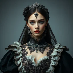 portrait of beautiful female model by irakli nadar with intricate detailed wearing victorian dress designed by alexander mcqueen and rocky gathercole, haunting, elite, elegant, ruan jia, dark, hyper detailed, concept art, by gustav klimt, studio portrait taken using canon mark ii