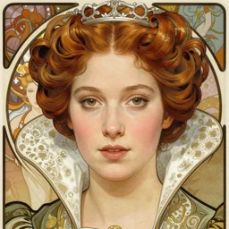 realistic detailed face portrait of beautiful young Queen Elizabeth Tudor in the style of Alphonse Mucha by Alphonse Mucha, Ayami Kojima, Yoshitaka Amano, Charlie Bowater, Greg Hildebrandt, Jean Delville, Adam Hughes, Karol Bak, and Mark Brooks, Art Nouveau, Gothic Revival, Pre-Raphaelite, exquisite fine details, 4k resolution