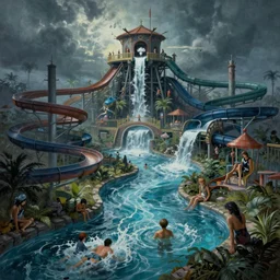 waterpark in purgatory, the world of spirits, waterslides and lazy rivers, painting by brain froud, charles vess, cinematic lighting, epic composition, highly detailed