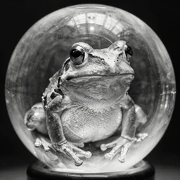 Monochrome photo of a big frog with 25 eyes all over its head sitting on a backlit glass sphere
