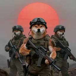 postapocalyptic foggy moody cinematic stil portrait of anthropomorphic anthro shiba inu muscular powerful troop wearing soldier helmet gear and minigun, giant red sun behind , 4k  trending on artstation by rutkowski