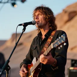 close up photograph of jimmy page performing in a rocky stage in the atacama desert by mark owen. kodak portra film!!. whirl bokeh!. mamiya 7. highly detailed. hq. photoreal. golden hour. in - frame