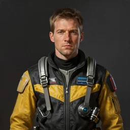 portrait of a man by greg rutkowski, a starfighter pilot of the outer rim association, wearing a black and yellow pilot uniform, star wars expanded universe, highly detailed portrait, digital painting, artstation, concept art, smooth, sharp foccus ilustration, artstation hq