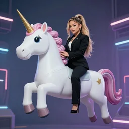ariana grande as a ceo flying a unicorn, cyberpunk, photography, realistic,