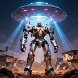 mecha ROBOT of AJEGUNLE SLUMS of Lagos inside african JESUS CHRIST about AESTHETICS surrounding large UFO within NEON rays of light,