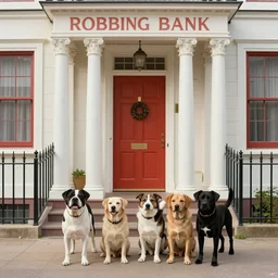 “dogs robbing a bank scene, in the style of Wes Anderson”