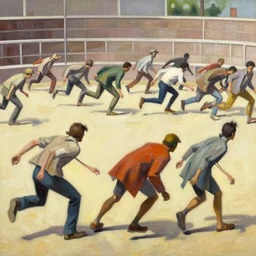 greg manchess painting of people dressed in rags tripping over each other in an arena, profile picture, organic painting, sunny day, matte painting, bold shapes, hard edges, street art, trending on artstation, by huang guangjian, gil elvgren, ruan jia, randy vargas, greg rutkowski