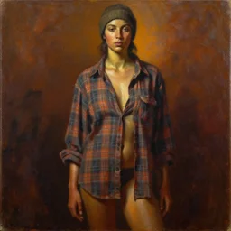detailed full body portrait in strong femininity, ethnic, realistic face sculpted features, statuesque model, worn plaid shirt untucked and knit hat, warm glow, bathed in light, filmic, chiaroscuro, specular highlights, angular impressionism, radiosity, deep rich tones, contemporary art, oil on canvas