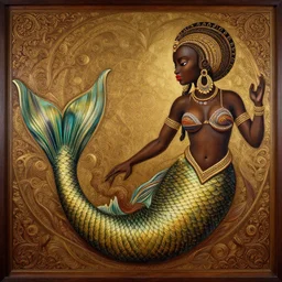 painting on an african mermaid, art by leonardo davinci, highly detailed, smooth, sharp focus, intricate, symmetry, masterpiece work of art,