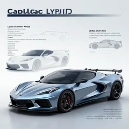 technical specifications concept diagram of a car that is a combination of a corvette c 8 and a cadillac lyriq
