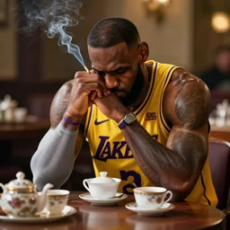 lebron james solemn at tea party, melancholy, high detail shot, smoking, render, cgsociety, photorealism