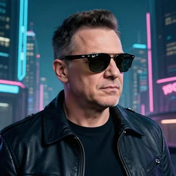 Andrzej Duda with Ray Ban sunglasses in cyberpunk utopia city